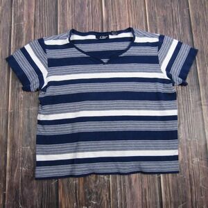 C.B. Casual T Shirt Women PL Blue White Striped Cotton V-Neck Grannycore Top